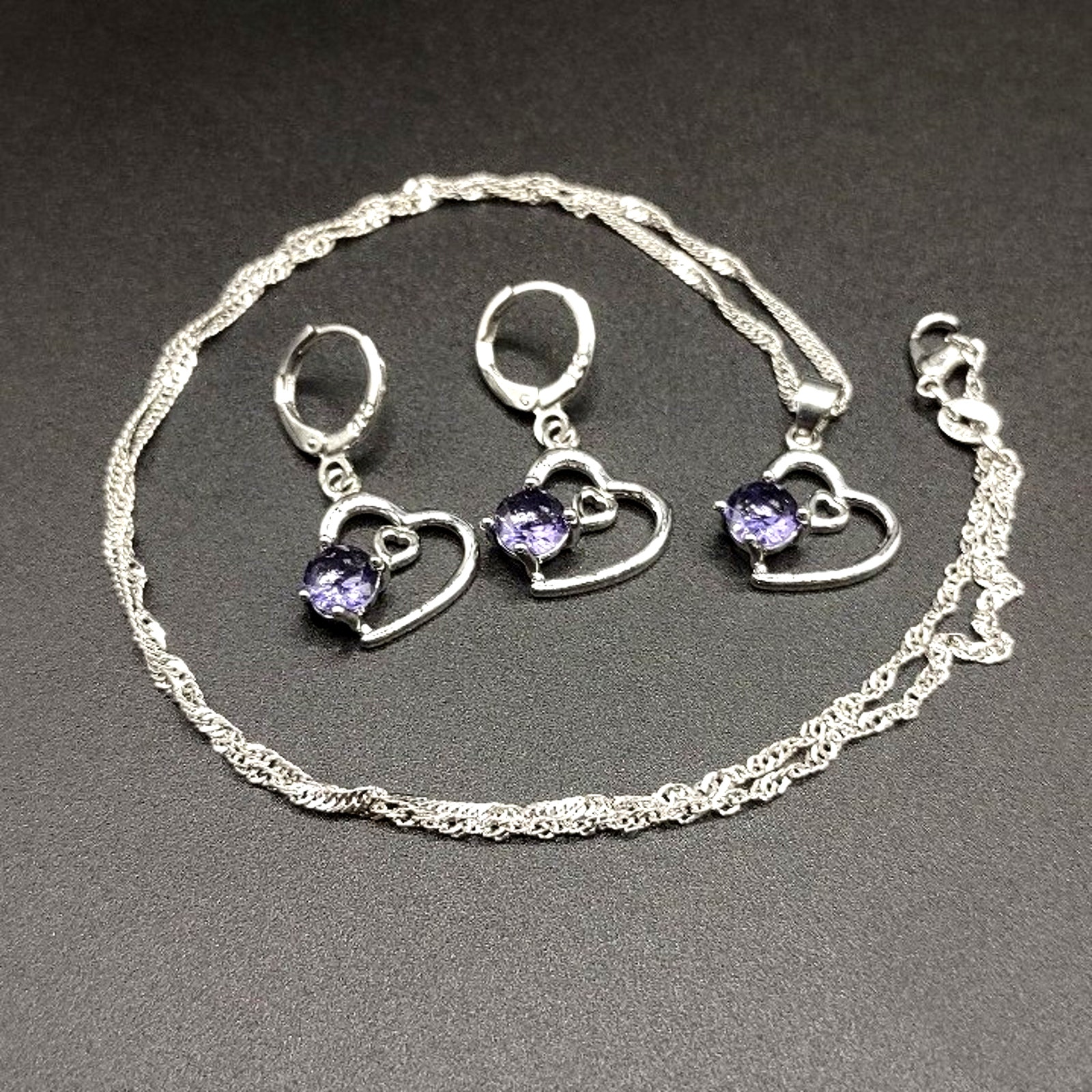 Sterling Silver Amethyst Heart Necklace & Earrings Set Anniversary Birthday Gift